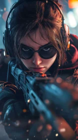 Focused gamer with rifle in neon lit cyber setting.