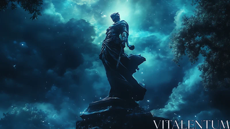 Moonlit stone guardian poised above a storm-tossed sky.