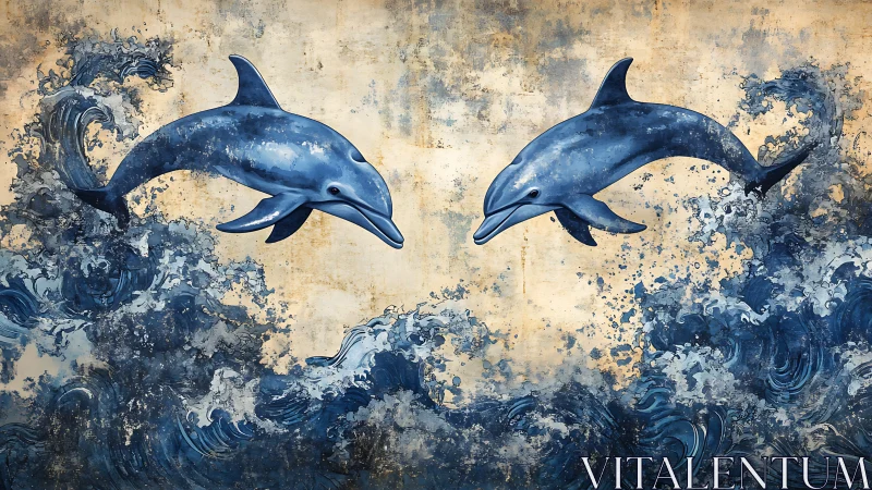 Symmetrical blue dolphins leap through stylized turbulent waves