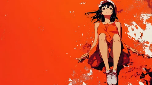 Girl in orange dress sits against bold painted backdrop