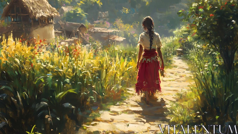 Village girl walking sunny garden path toward rustic huts.
