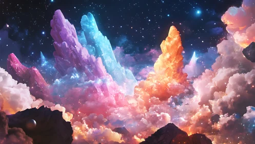 Digital painting of prismatic crystal spires in nebula clouds.
