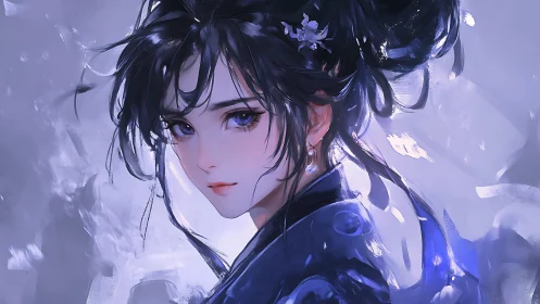 Midnight brushstrokes cradle a quiet, violet gaze