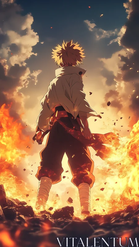 Anime hero stands in roaring flames under dramatic sky.