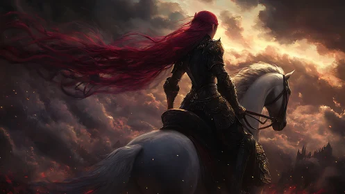 Crimson haired knight astride pale steed in stormlit dawn.