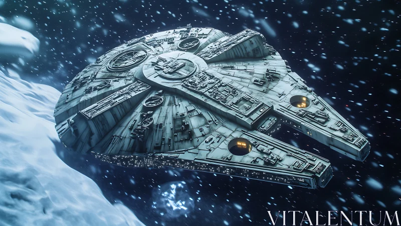 Detailed sci fi starship gliding past icy asteroid field.