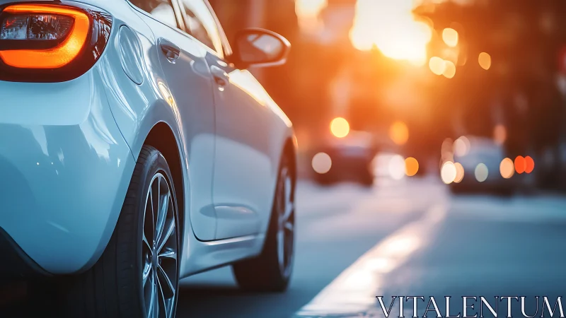 White car rear view on city street at warm sunset.