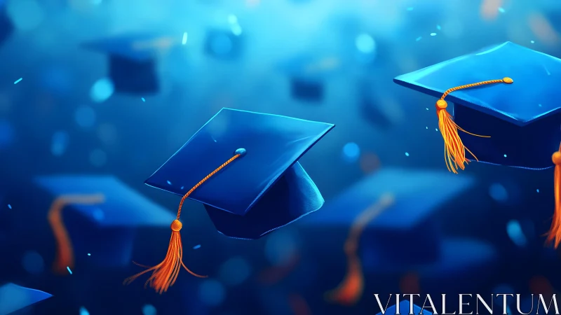 Graduation caps flying in the air, digital art style celebration.
