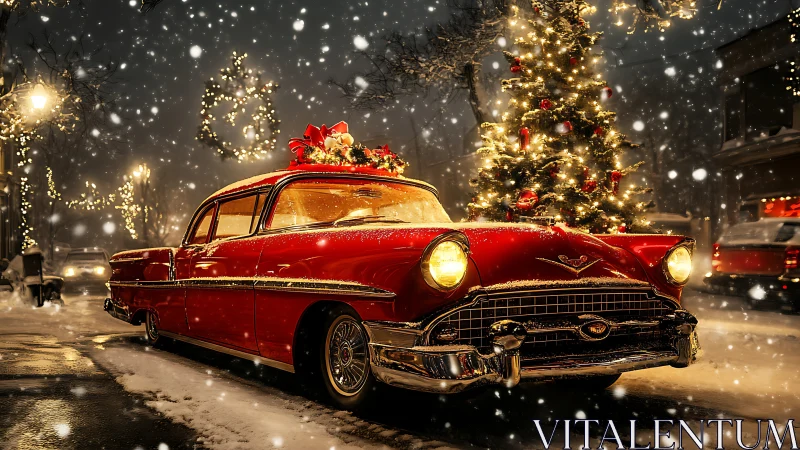 Vintage red Christmas car glows beside festive tree at night.