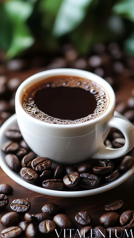White ceramic cup of black coffee on saucer with beans.