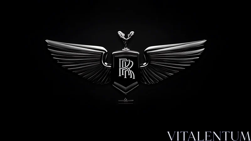 Winged chrome luxury monogram emblem on black field.