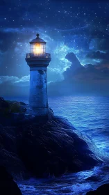 Digital nocturne lighthouse under star-rich celestial sky.