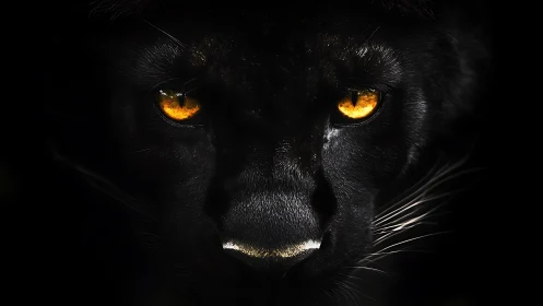Black Panther Portrait with Luminous Amber Eyes Against Dark Background