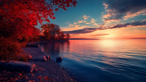Fiery autumn shoreline reflects vivid sunset over calm lake