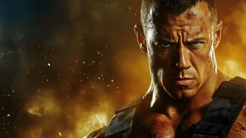 Muscular man in tactical vest stands before fiery backdrop