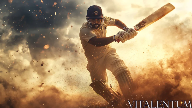 Cricket batsman drives ball through dust and debris field.