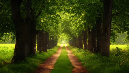 Sunlit tree tunnel frames winding rural dirt pathway.