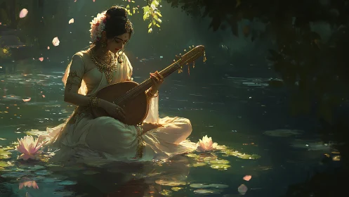 Woman in white playing lute on lotus pond at twilight.