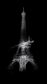 Wireframe Eiffel Tower structure rendered on black background
