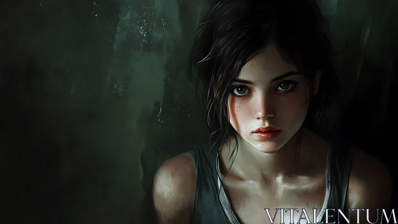 Low-key digital portrait of bruised girl in cinematic chiaroscuro.