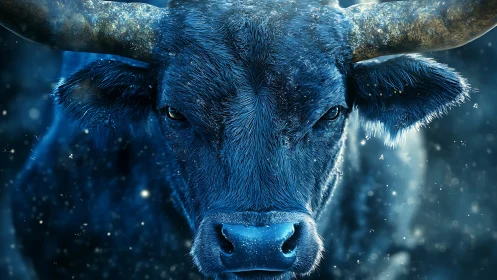 Midnight blue bull in swirling snow and quiet starlight.