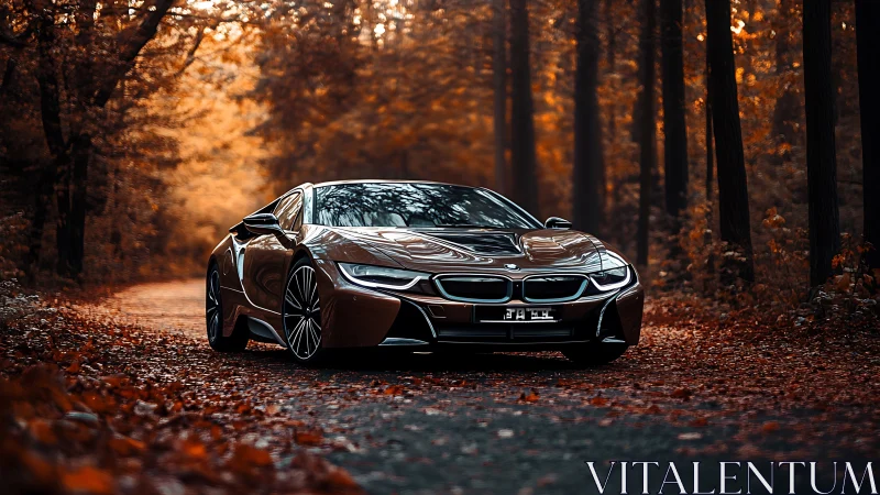 BMW sports coupe on forest road with autumn foliage.
