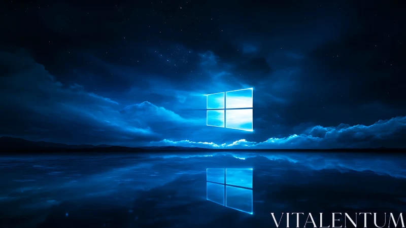 Glowing window symbol floats over calm blue night water