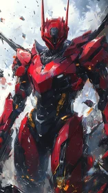 Red armored humanoid mecha amid fragmented debris field.