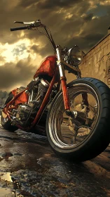 Custom chopper motorcycle gleams under stormy sunset sky