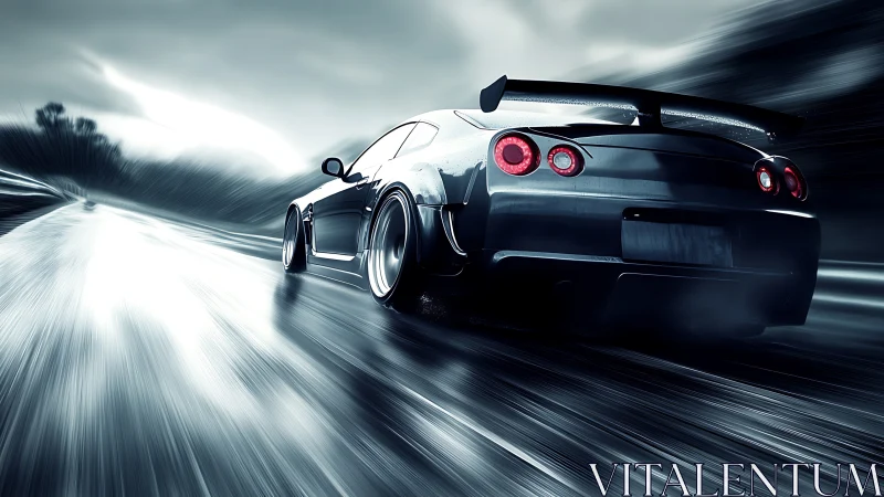 High-speed sports coupe with motion-blur dynamics on wet highway