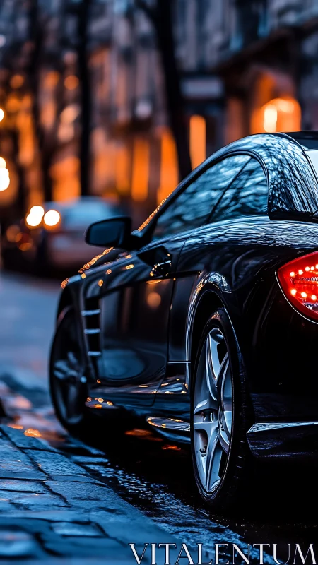 Wet-street coupe with reflective bodywork in evening bokeh cityscape.