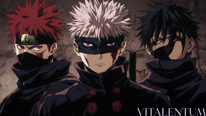 Triangular combat lineup of masked anime fighters in dark attire