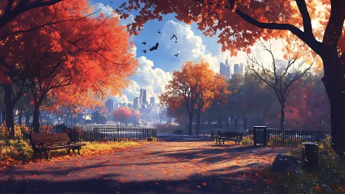 Golden city park path wrapped in gentle autumn light.