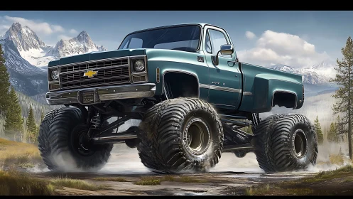 Classic lifted pickup truck dominates alpine off-road terrain