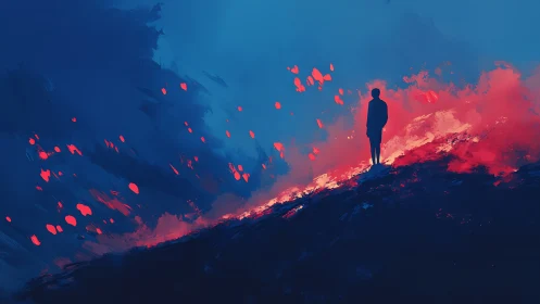 Solitary Figure Overlooking Volcanic Eruption
