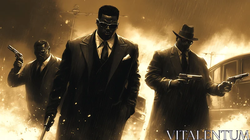 Three armed men walk through flames in stylized urban rain