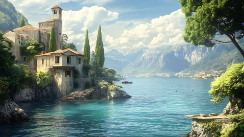 Lakeside Chapel Overlooks Alpine Valley With Turquoise Waters.