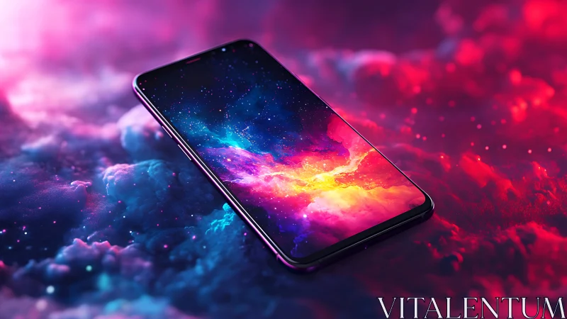 Spectral nebula smartphone interface in luminous chromatic cloudscape.