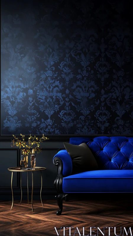 Velvet cobalt chaise in low-key chiaroscuro interior study.
