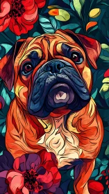Chromatic bulldog portrait with floral vector contour dynamics.