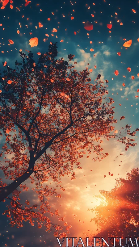 Autumn leaves swirling across a sunlit cinematic sky.