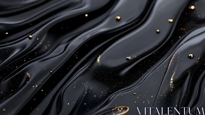 Elegant Black Liquid Waves with Gold Accents, Abstract Art Style.