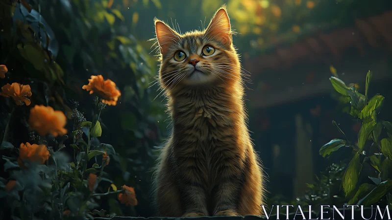 Striped Feline Gazes Upward Through Golden Garden Light