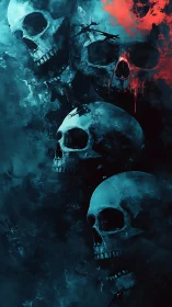 Stacked human skulls in blue and red atmospheric haze.