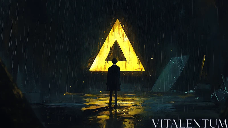 Wanderer in the rain before a glowing golden portal.