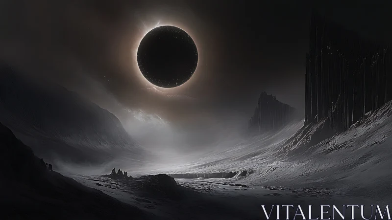 Eclipsed stellar sphere casts radial glow over glacial basin