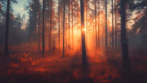 Forest at sunrise with golden light penetrating tall trees