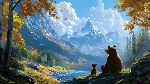 Bear family sharing a quiet moment by sunlit mountain lake.