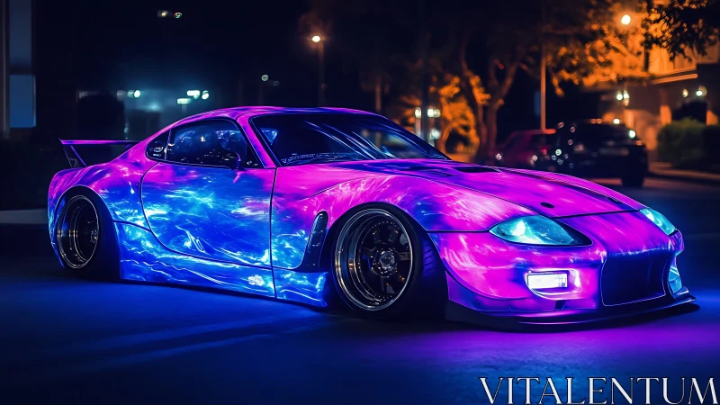 Neon night street car glowing with cosmic purple energy.