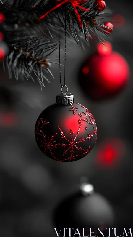 Black and red Christmas ornament hangs on blurred tree